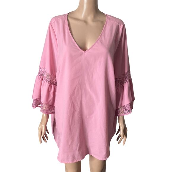 Lane Bryant blouse Womens Size 18/20 Pink Bell Sleeve Lace Accent - Picture 7 of 12